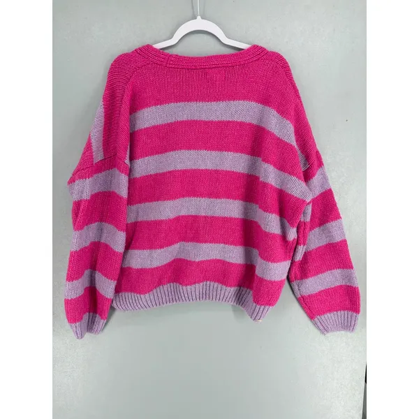 Hippie Rose Womens‎ Cardigan Pink Purple Striped Oversized Knit V-Neck Medium - Image 3
