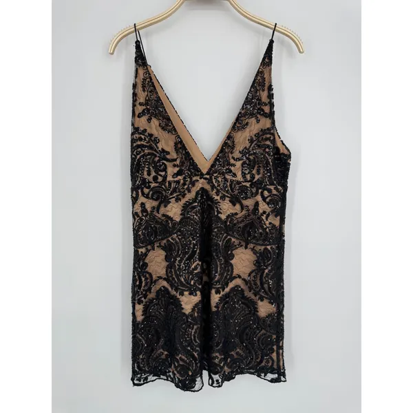 Free People Night‎ Shimmers Mini Dress 6 Black Nude Sequin Lace Party Cocktail - Image 8