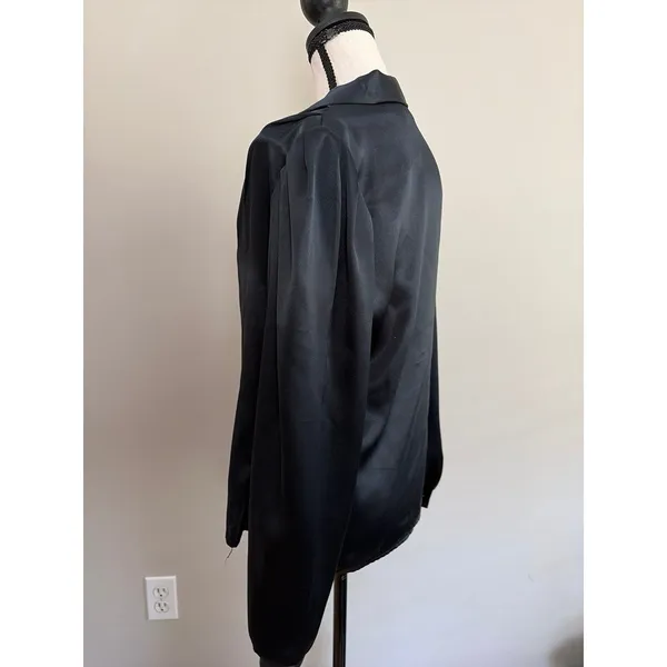 Vintage black satin long-sleeve button-up blouse with a fold-over collar size sm - Image 5
