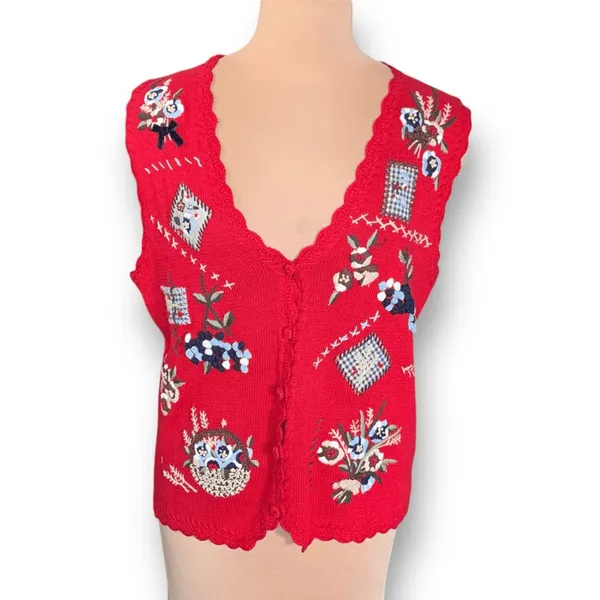 Vintage Red Embroidered Knit Sweater Vest Floral Cottagecore Medium Plaid Floral - Image 2