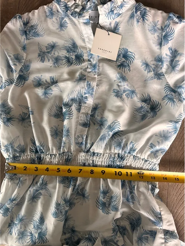 NWT The Shirt Rochelle Behrens Tiered Mini Dress White Blue Floral Women’s Small - Image 12