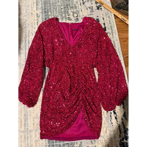 Retrofête Pink‎ Sequin Mini Dress Long Sleeve V-Neck Ruched Cocktail Magenta S - Image 2
