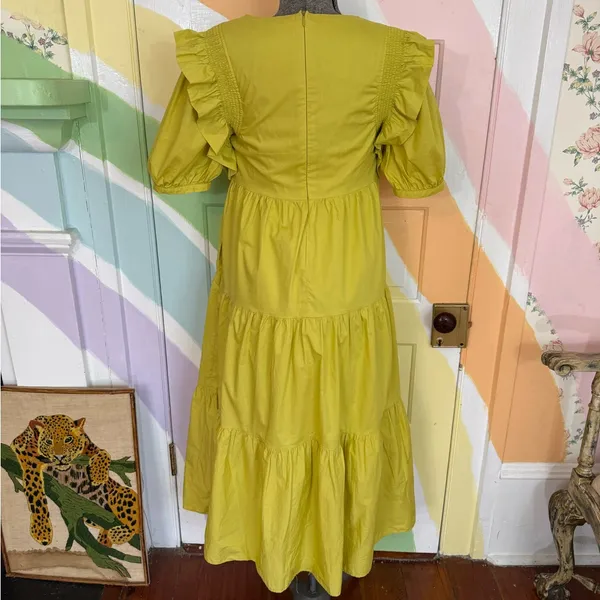 English Factory Chartreuse Square Neck Flutter Sleeve Tiered Midi Dress Sz S 🧡🍄 - Image 8