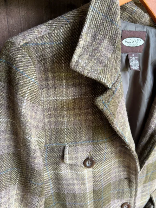 VTG Old Navy Wool Blend Olive and Teal Plaid Jacket - Image 2