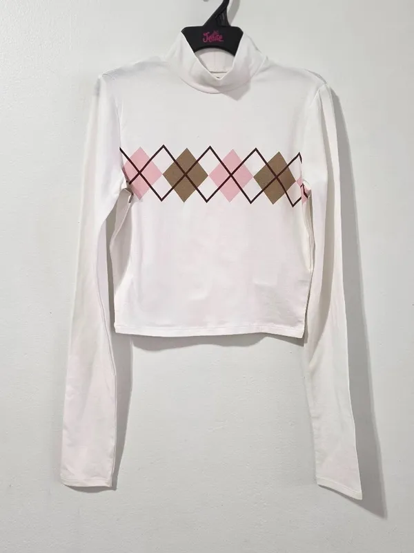 Hollister Argyle Long Sleeve Crop Top - White - Size S - 339-663-1111-108 - Image 2