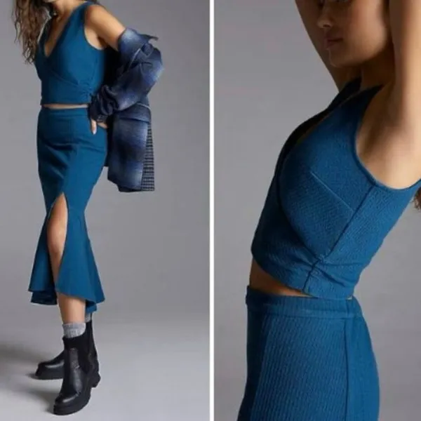 By Anthropologie Size M Slim Knit Skirt Teal Midi Ribbed Stretch Pull On - Image 3