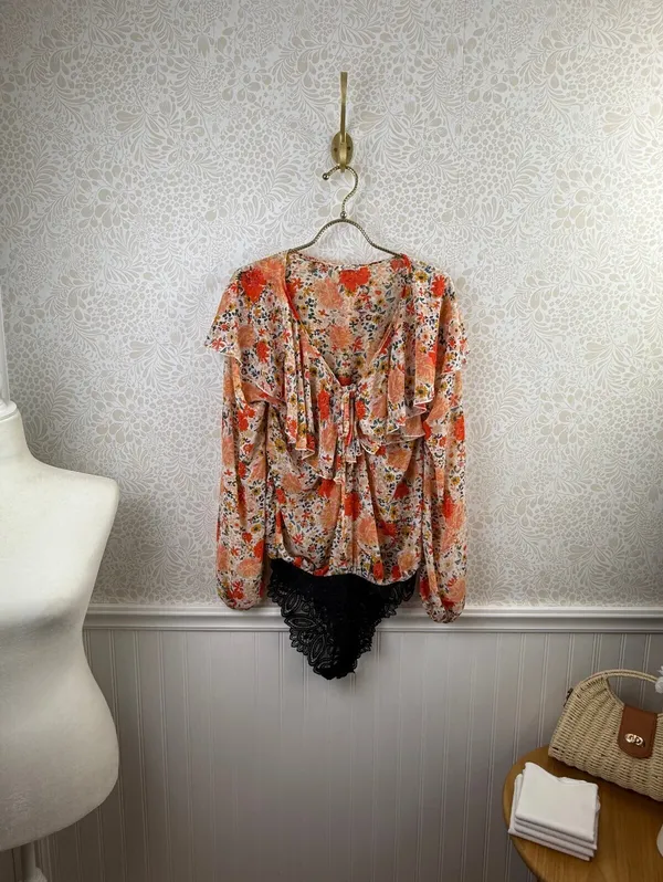 Free People Intimately Orange Floral Say It to Me Ruffle Bodysuit - Size - Small - Image 3
