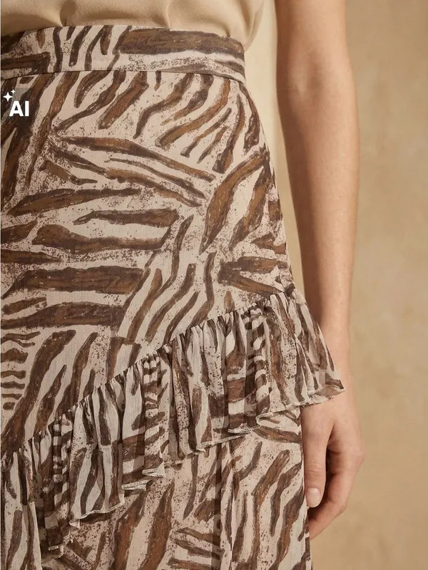 Sinsay Beige Zebra-Print Tiered Ruffle Asymmetrical Midi Lined Skirt Size XL - Image 4