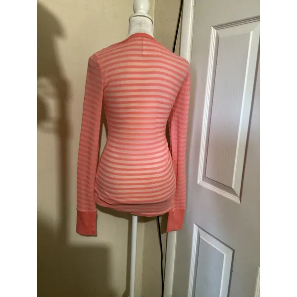 Free People Womens Coral Pink Striped Waffle Knit Thermal Long Sleeve Top M - Image 3