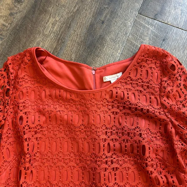 db established 1962 Orange Eyelet Lace‎ Bell Sleeve Shift Dress Size 14 Rust - Image 3