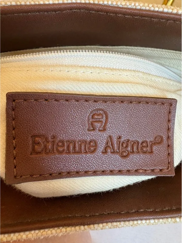 Etienne Aigner Beige Woven Shoulder Bag with Brown Leather Trim and Gold-tone Cl - Image 5