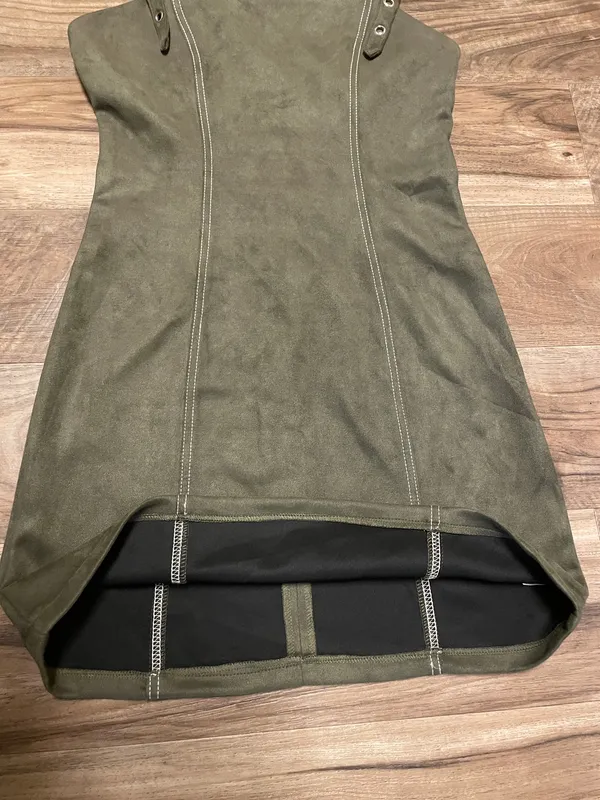 AUW Olive Green Faux Suede Mini Overall Dress with Silver Buckles Size Small - Image 7