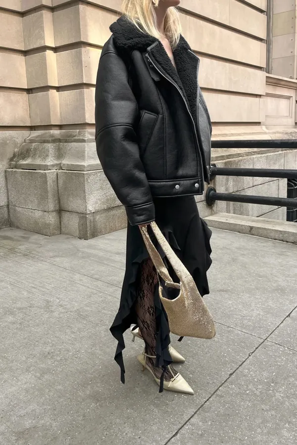 Oak + Fort Black Faux Leather Jacket with Shearling Collar - Image 6