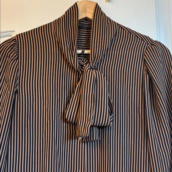 Tahari Vintage Polyester Brown & Black Stripe Blouse With Tie-Neck Detail. - Image 2