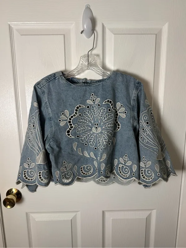 Farm Rio Denim Richelieu Kimono Sleeves Cropped Blouse M - Image 3