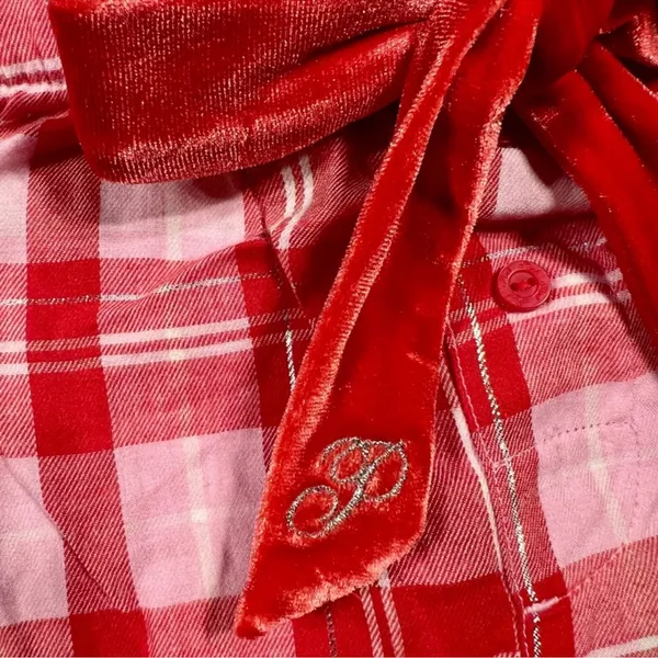 PINK VICTORIA’S SECRET Flannel Pajama Shorts Red Pink Silver Plaid Ruffle L - Image 4
