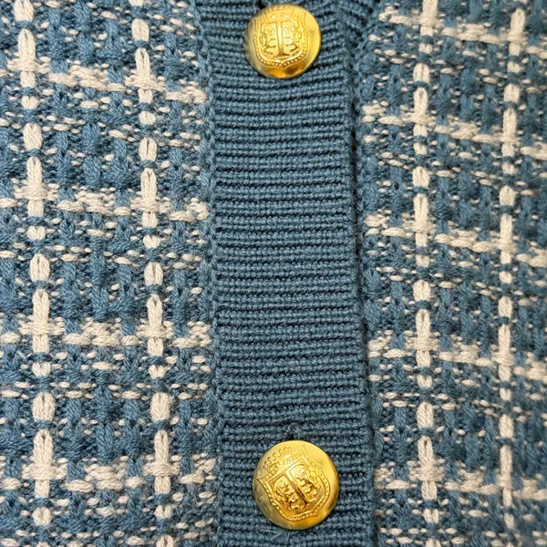 Talbots Merino Wool V Neck Cardigan Sweater Texture Plaid Blue White Size Medium - Image 9