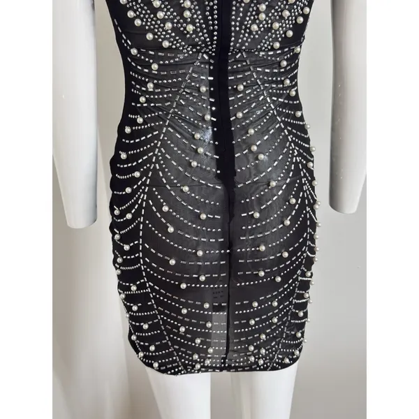 Beaded Pearl Sheer Feather Bust Dress Size Small Stretchy Bodycon Night Out - Image 10