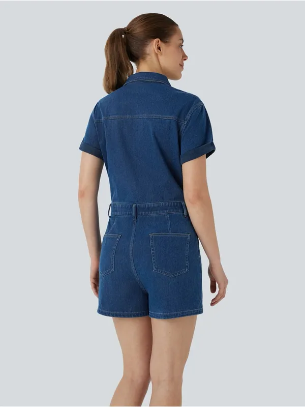 Halara HalaraFlex Denim Romper XS Short Sleeve Utility Stretch Shorts Jumpsuit Pockets - Image 2