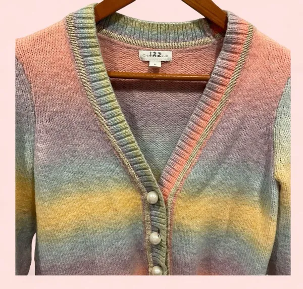 Rainbow stripe soft fuzzy wool blend chunky pearl button cardigan crop sweater - Image 3