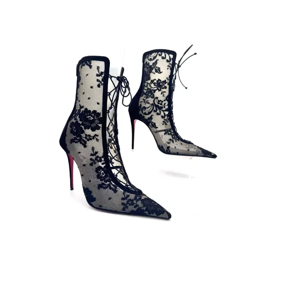 Christian Louboutin KM Lace Booty 100 Black Mesh Floral Lace Boots Sz 39.5 - Image 12