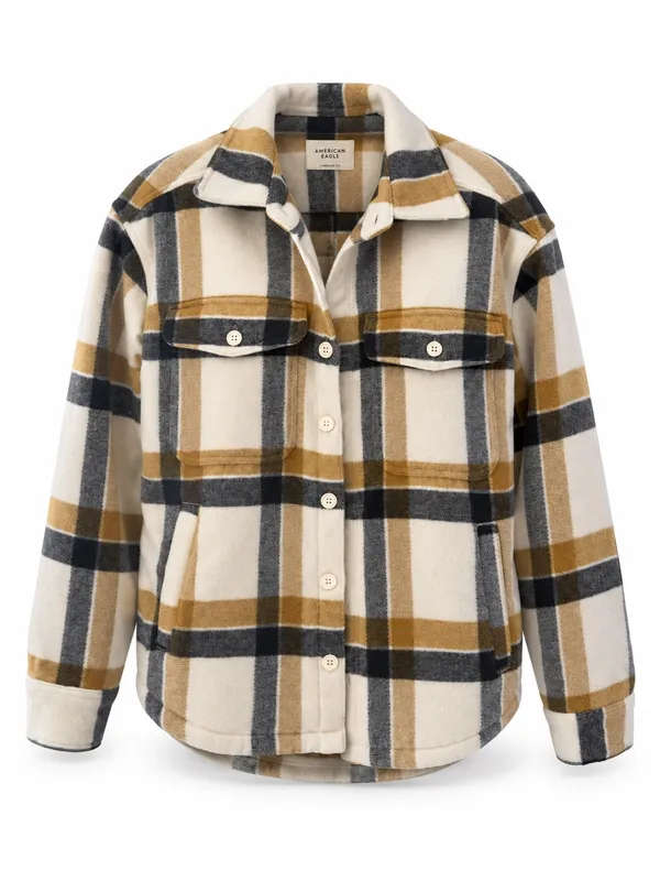 American Eagle Oversized Plaid Sherpa Shacket Women M Yellow Black - Image 2