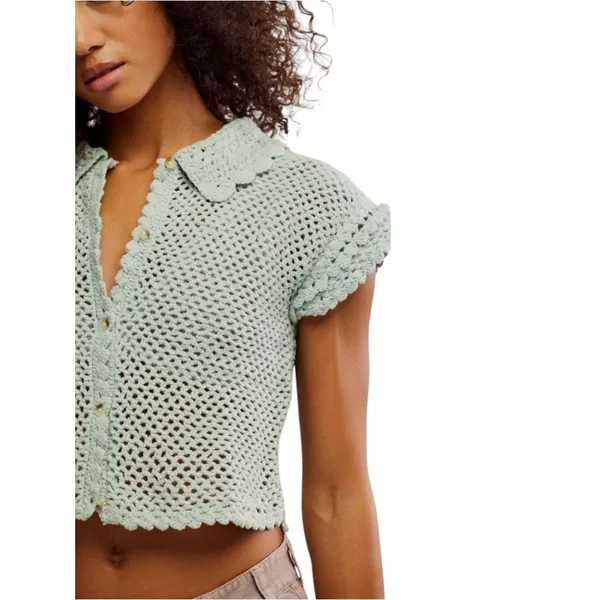 Free People Lily Crochet Cropped Spread Collar Button Down Top Aqua‎ Blue XS - Image 2