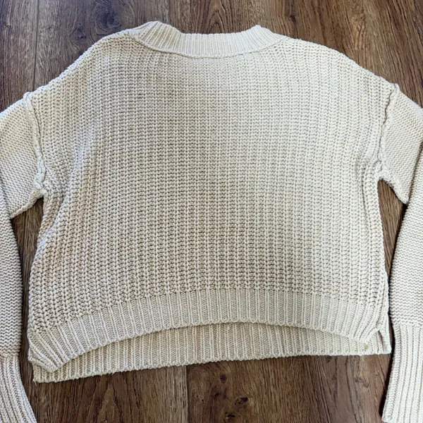 Free People Cream Knit Sweater Women's L Crewneck Slight Crop Cottage Minimalist - Image 7
