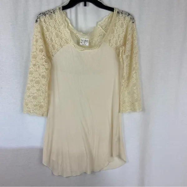 Free People Cream Lace Sleeved Romantic Fairycore Regencycore Ribbed Top - Image 8