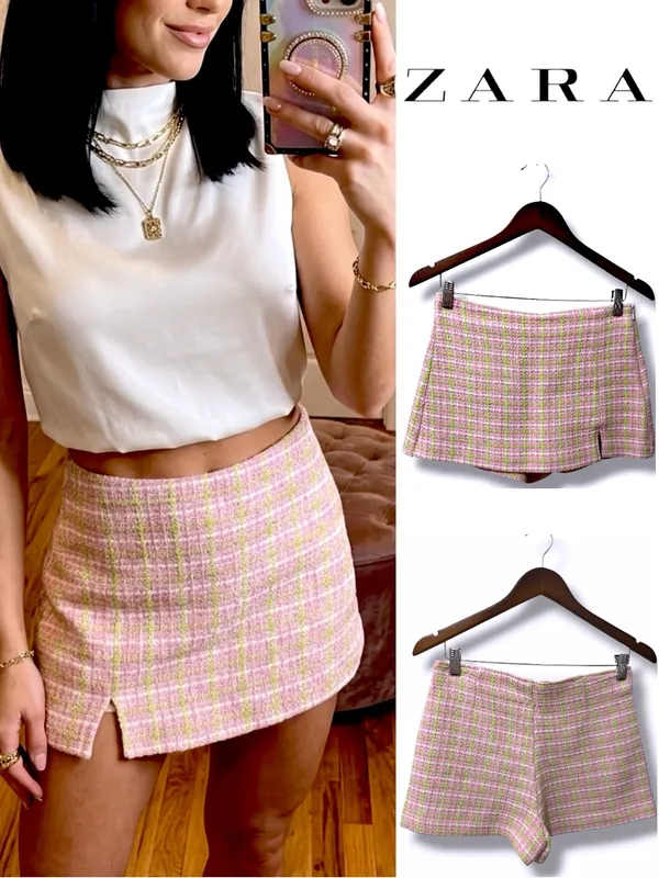 ZARA | NWOT Morocco Cotton Pink Green Plaid Tweed Side Zip Mini Skirt Shorts (S) - Image 2