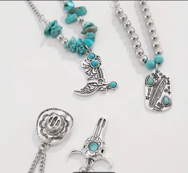 Women’s Bohemian Faux Turquoise & Silver Layered Pendant 4 Pc Necklace Set - Image 3
