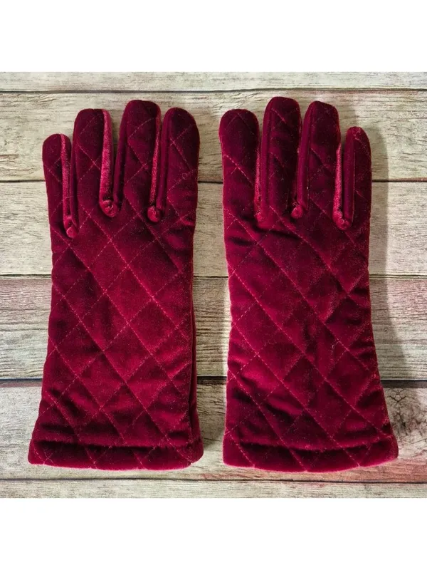 Cejon Maroon Velvet Gloves Thinsulate Lined One Size Stretch Quilted Glamorous - Image 2