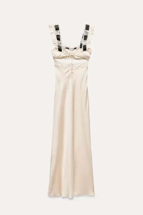Zara dress lingerie style ivory black lace crochet ribbon tied satin effect maxi - Image 7