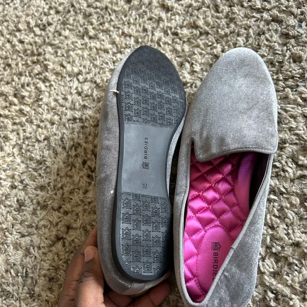 Birdies Gray Velvet Loafers with Pink Quilted Insole - Image 3