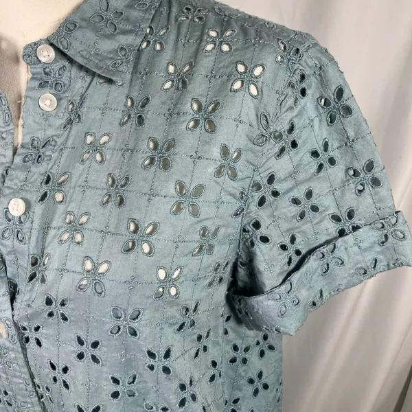 GAP XXS Blue Eyelet‎ Shirt Dress Button Front Short Sleeve Preppy Coquette - Image 7