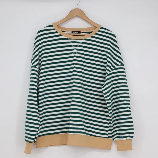 BTFBM Green White Striped Crewneck Sweatshirt Large Tan Trim - Image 2