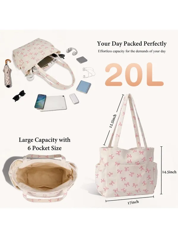 Cream Tote Bag with Pink Bow Print for Women W - Image 2
