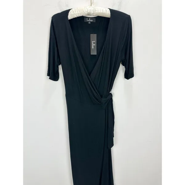 Lulus Forget Me Knot Black Midi Wrap Dress Stretch Jersey Knit Casual Medium NWT - Image 5