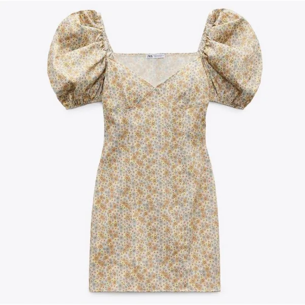 Zara satin effect mini dress puff sleeve‎ M Floral Satiny - Image 2