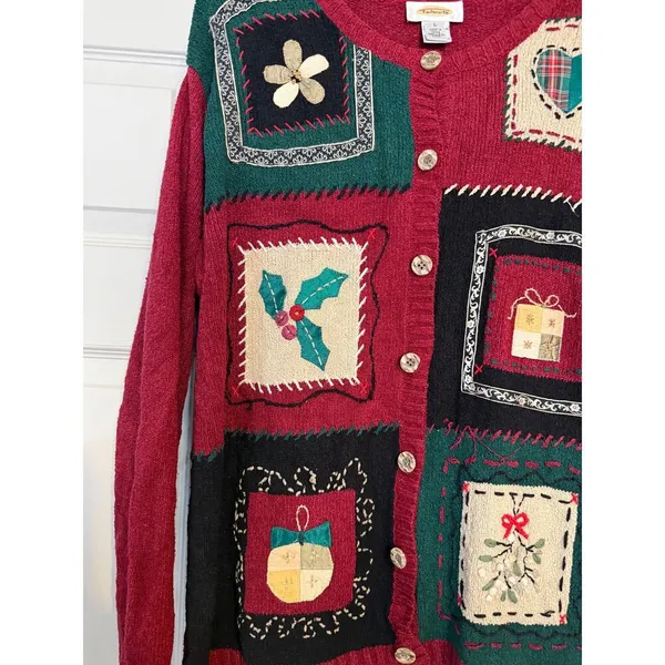 Vintage Talbots Silk Blend Ugly Christmas Sweater‎ Embroidered Patchwork SzL - Image 4