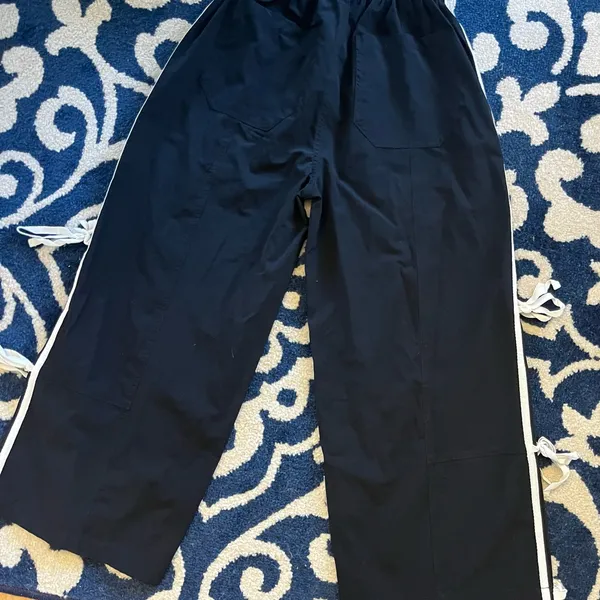 Black Nylon Track Pants with White Side Ties Down Leg New Size XS - Image 9
