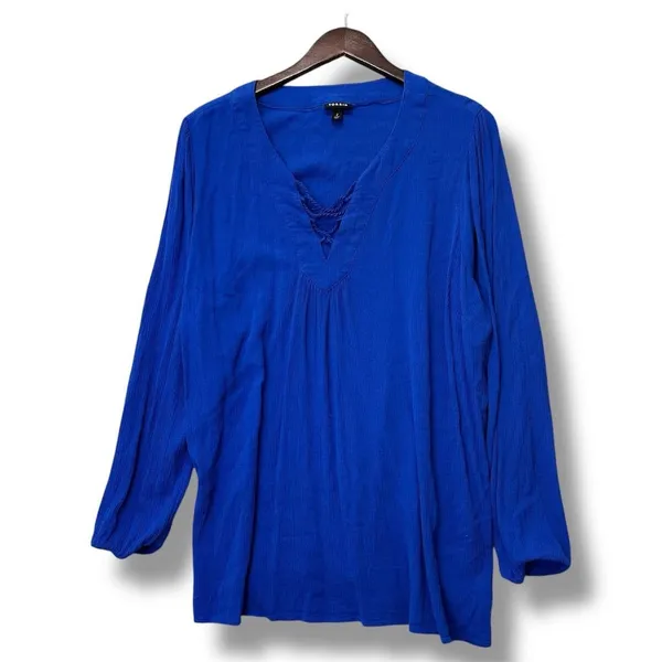 Torrid 2X Blue Lace-Up Crinkle‎ Gauze Blouse Top Minimalist Coastal Boho Resort - Image 2