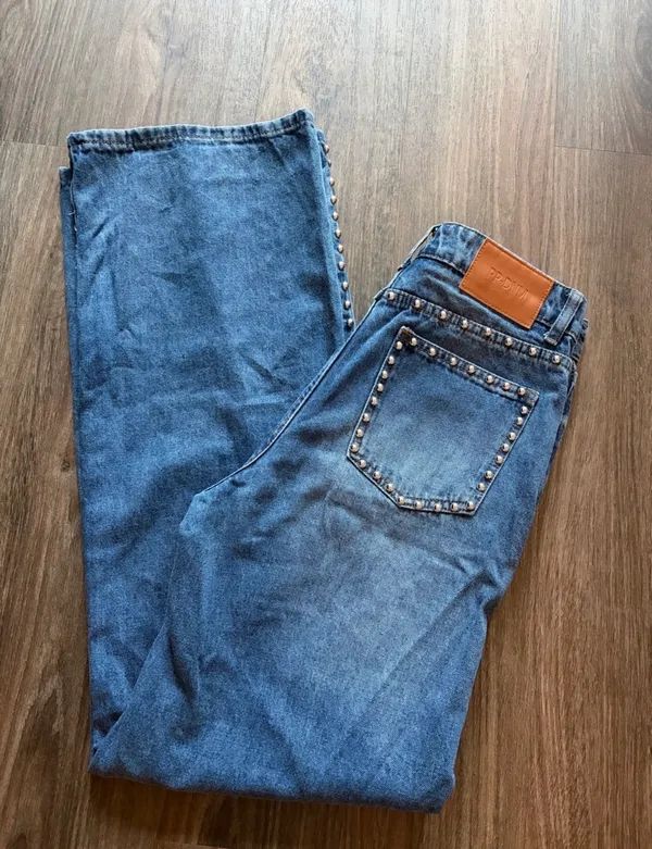 Princess Polly Saving Up Mid Rise Straight Leg Studded Jeans Mid Blue - Image 5