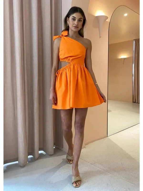 BOOHOO Orange One Shoulder Cutout Skater Dress Size US 6 NEW NWT - Image 4
