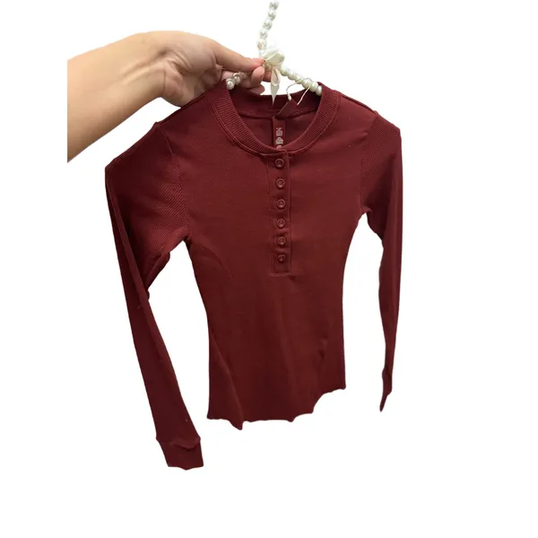 SKIMS Size XXS Cotton Rib Long Sleeve Henley Sangria Ribbed Shirt NWT - Image 4
