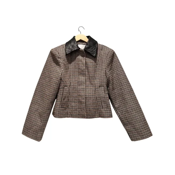 Arrange Plaid Structured Jacket Contrast Leather Collar Size‎ 0 Tan - Image 3