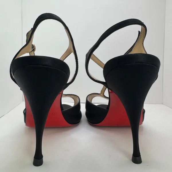 Y2K Christian Louboutin Ernesta Black Satin T-Strap Peep Toe Heels EU 37 - Image 9