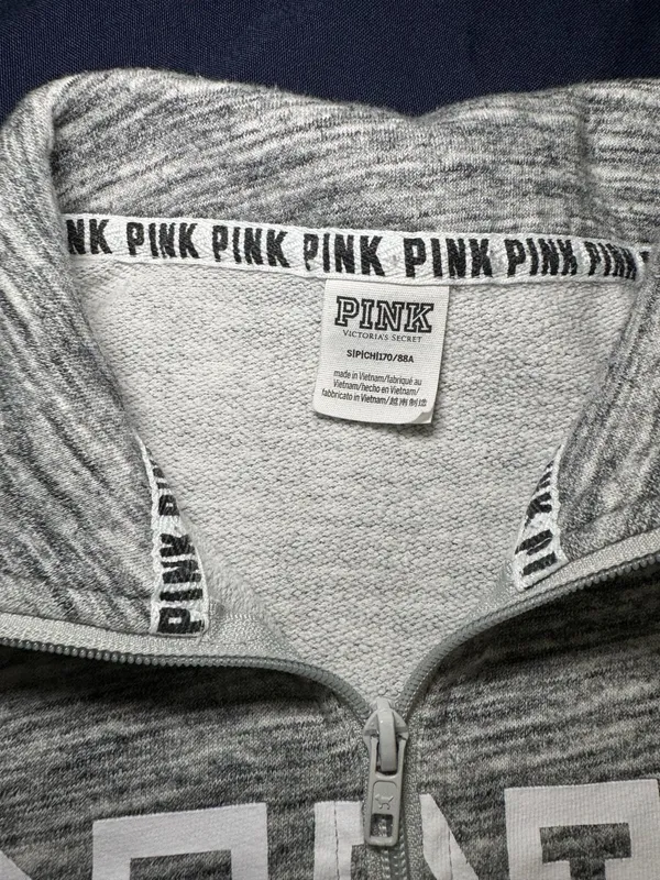 PINK Victoria’s Secret Gray Marled Quarter Zip Sweatshirt Small Y2K Varsity - Image 2