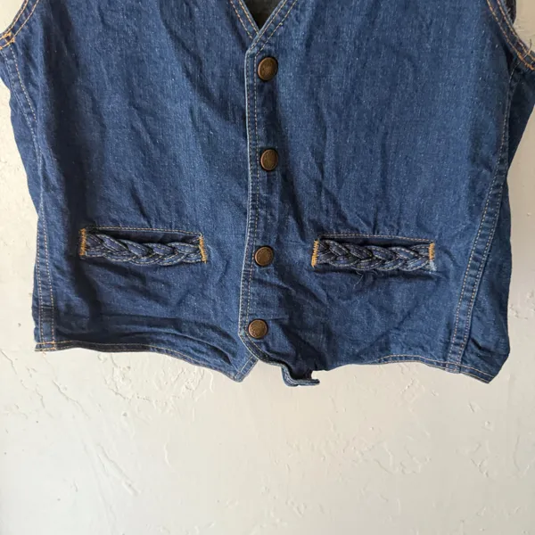 Womens Dark Wash‎ Denim Vest Sleeveless Jean Button Up Braided Pockets S Western - Image 5