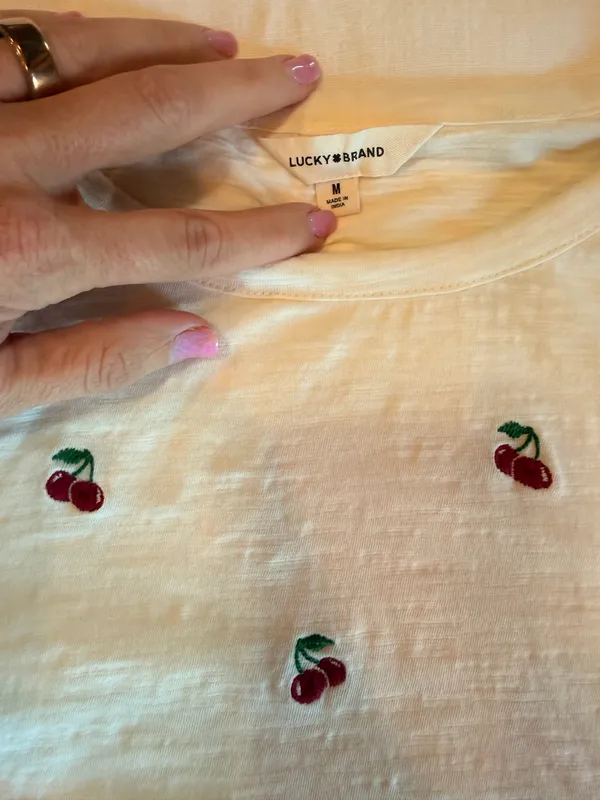 Lucky Brand Women’s Medium Ivory Embroidered Cherry T-Shirt Cotton Tee - Image 2